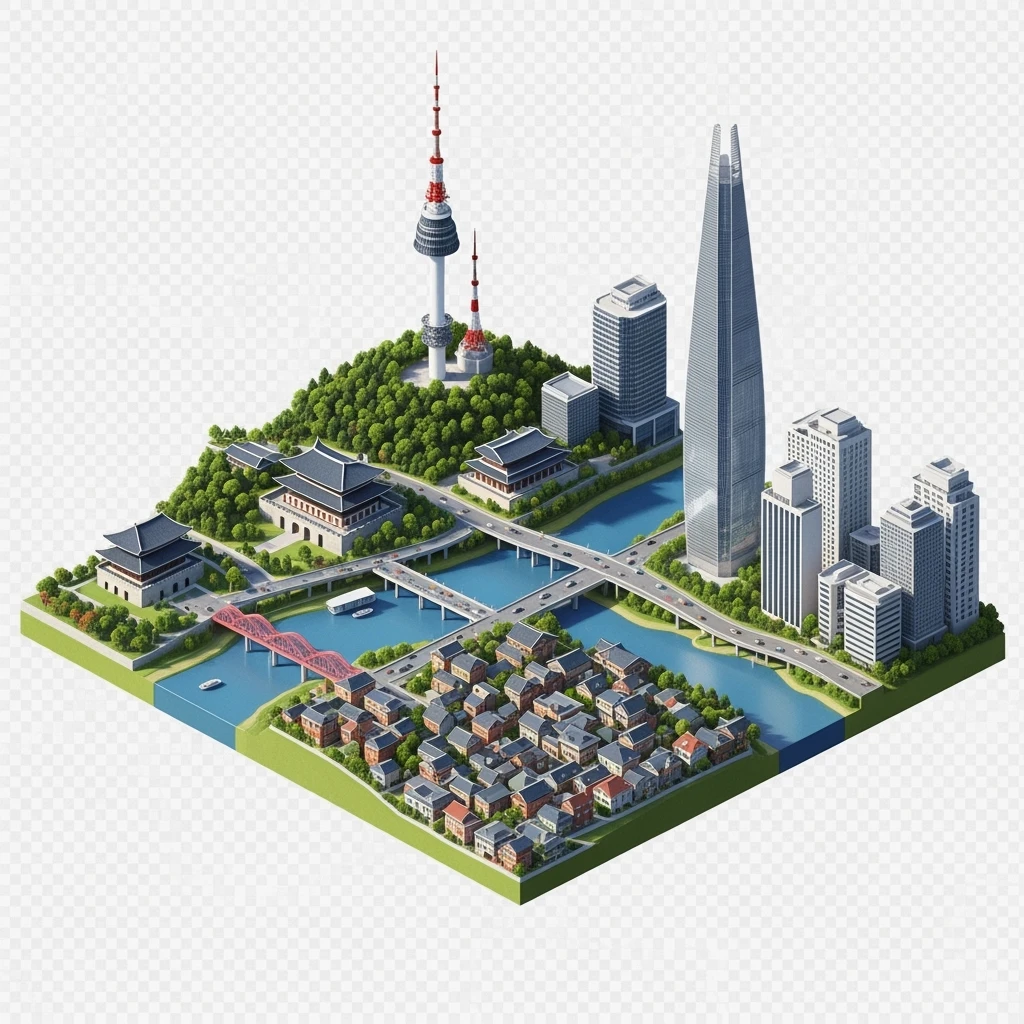 Isometric diorama of Seoul typical houses, Namsan Seoul Tower, Gyeongbokgung Palace, Lotte World Tower, Dongdaemun Design Plaza, and Han River bridges, 3D miniature effect and Tilt Shift effect, no cartoonish look, transparent background. emoji