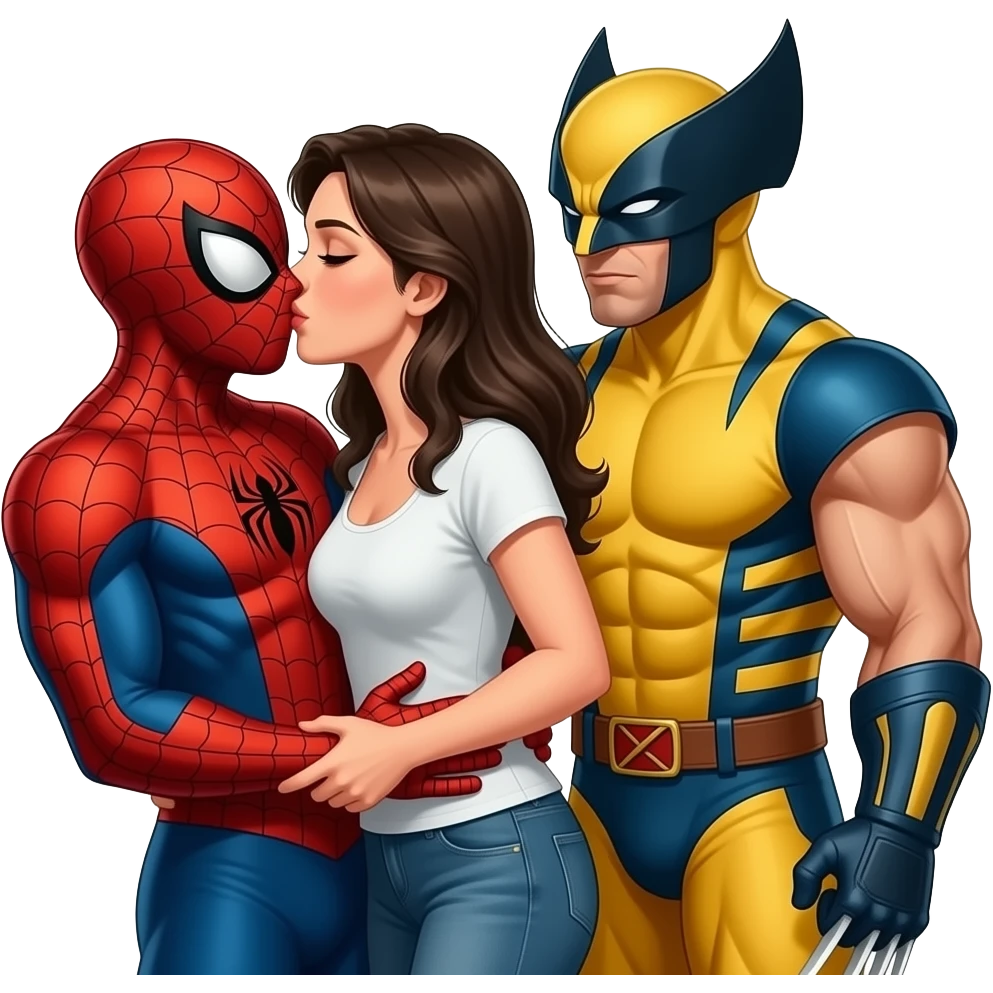 3 characters hugging and kissing: spiderman,  wolverine behind grabbing her hips emoji