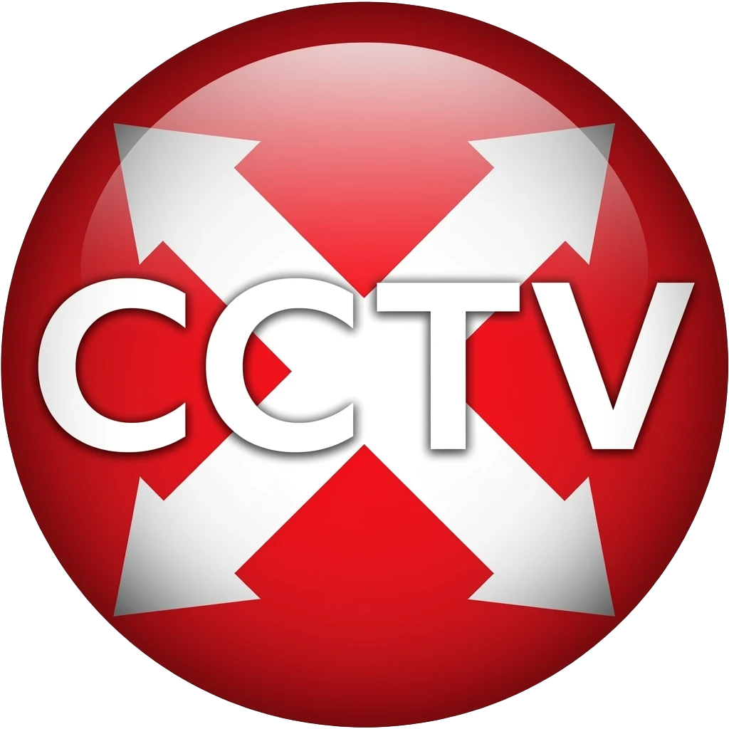 Red filled circle with white X and arrow end points on the X. Big CCTV word in the centre emoji
