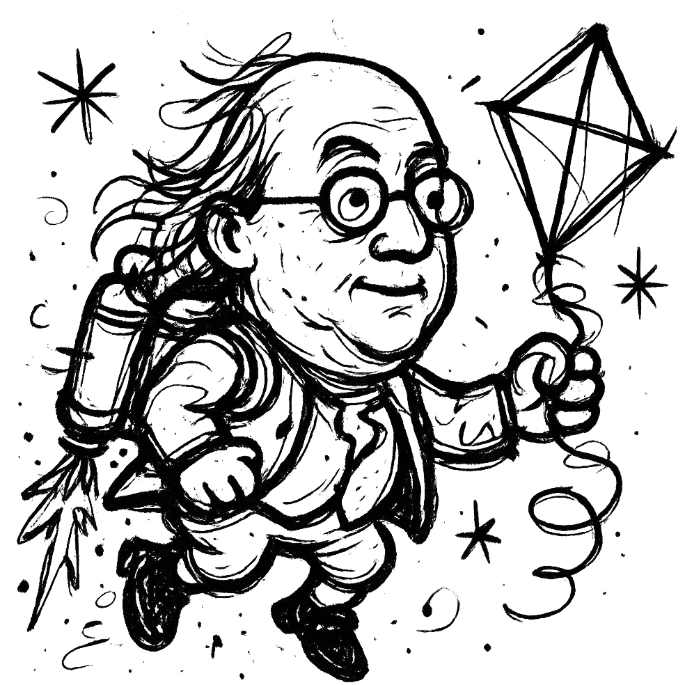Ben Franklin with jetpack and diamond kite, minimalist, black outline, slightly chaotic lines emoji