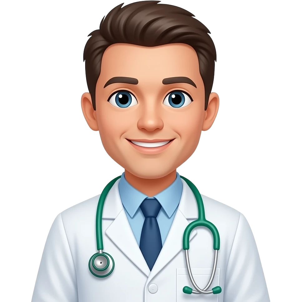 Minimalist flat design icon of a doctor wearing a medical coat and stethoscope, clean lines, modern vector style, soft gradient (blue and green), friendly and professional, no text, transparent background emoji