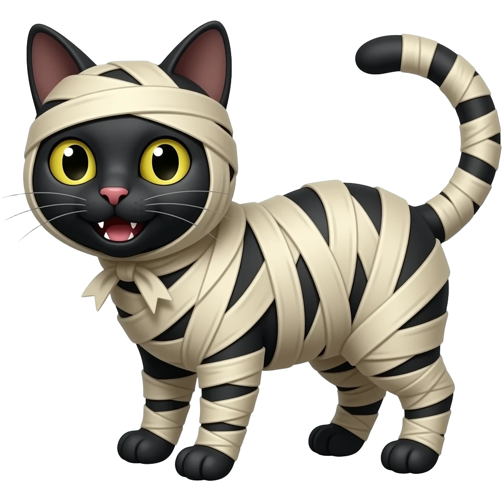 Mummified black cat happy wrapped up completely  covered emoji