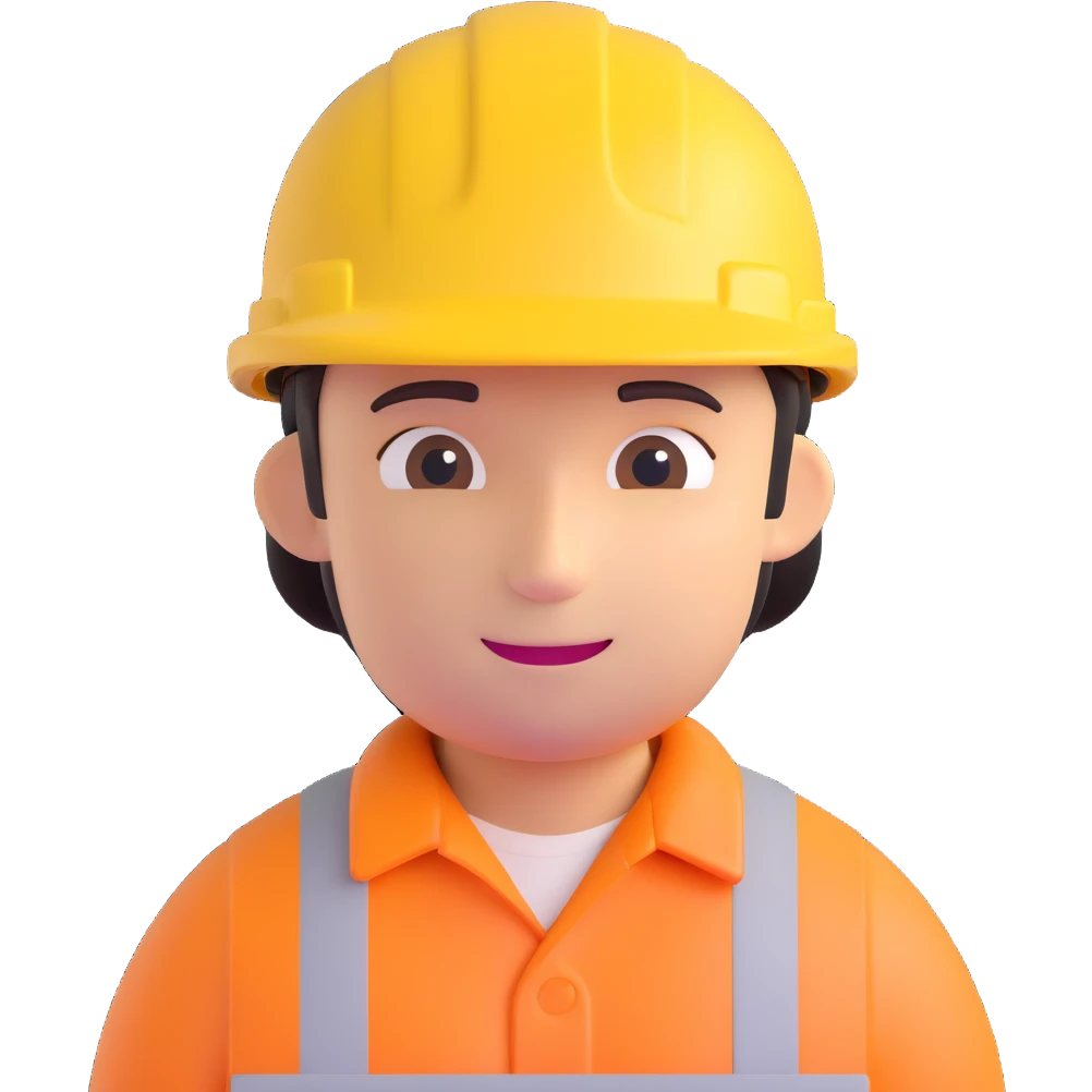 3D cartoon face of a construction AI agent, friendly expression, wearing a yellow hard hat, digital features, vibrant colors emoji