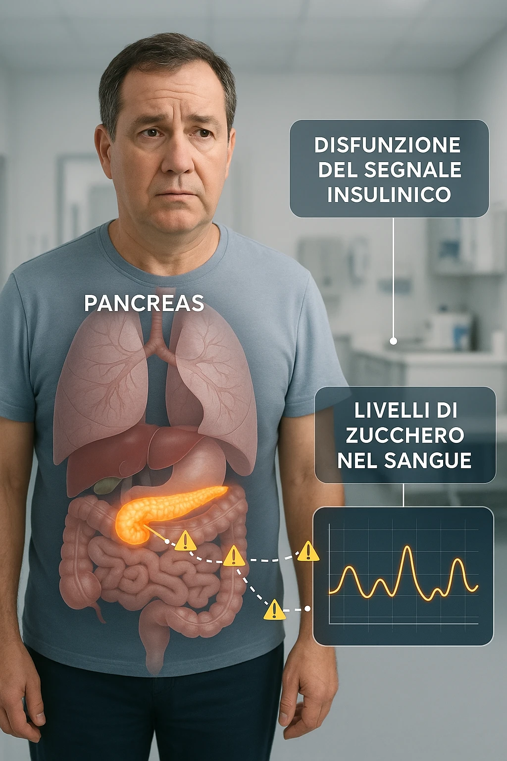 a middle-aged man stands in a clinical setting, with a semi-transparent overlay showing his internal organs. His pancreas is highlighted, and glowing lines or icons indicate disrupted insulin signaling between the pancreas and muscle or fat cells. The man’s expression is slightly concerned, and a digital chart beside him displays fluctuating blood sugar levels. The lighting is realistic, with a clean, modern medical background. scritte in italiano emoji