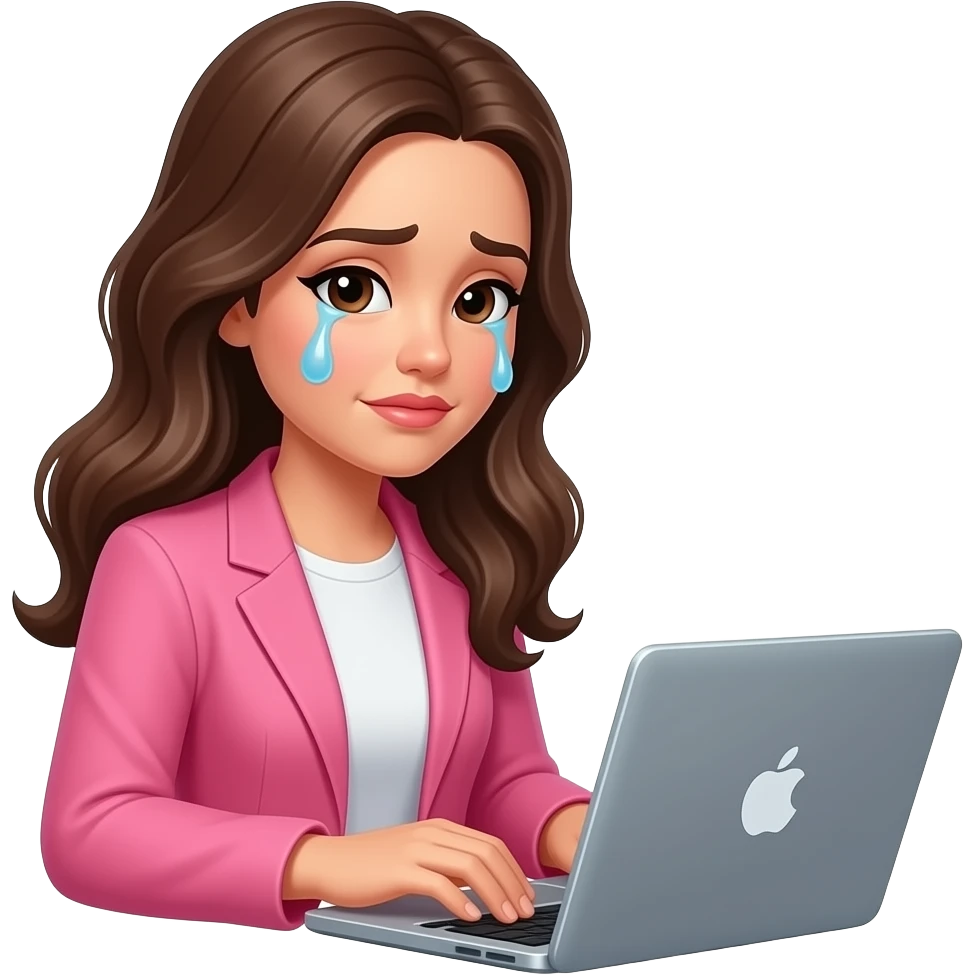 brunette woman wearing pink blazer working on laptop making a crying face emoji