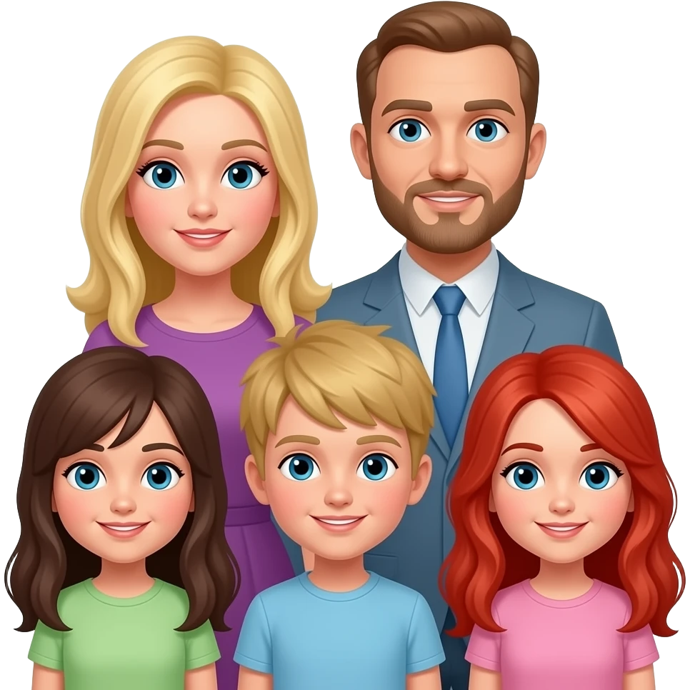 Blonde wife, bald husband with beard, brunette 1st daughter, blonde 2nd boy boy, dark hair 3rd son, red head girl emoji