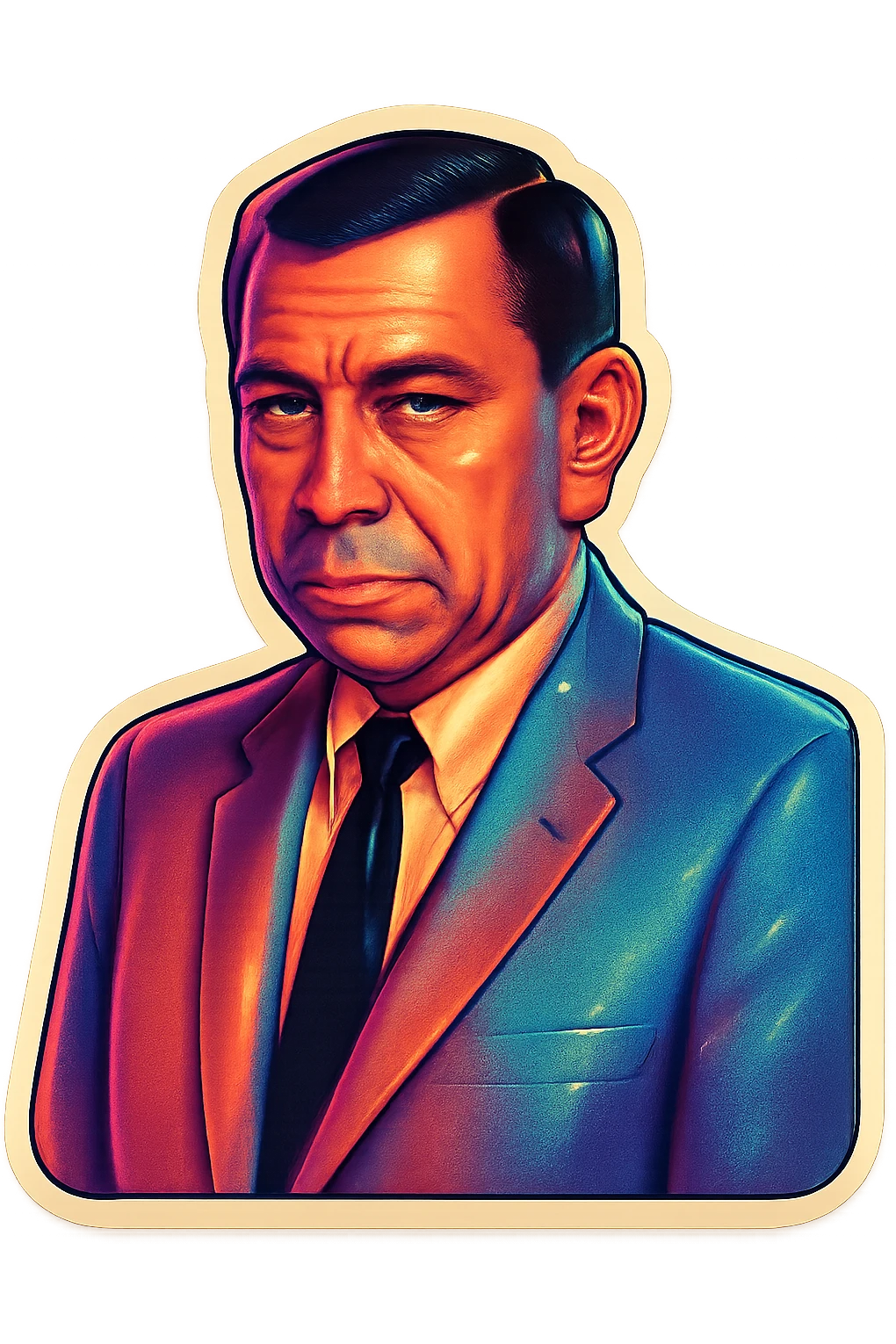 Portrait of this man in retro stickers style, looking serious, no text, neutral background. emoji