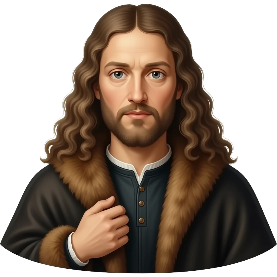 en face penetrating balanced, dried up Albrecht Dürer Renaissance self-portrait with very very long curly hair in a cloak with a fur collar, in Renaissance dress, holding the fur collar with his left hand - an icon of Christ Himself emoji