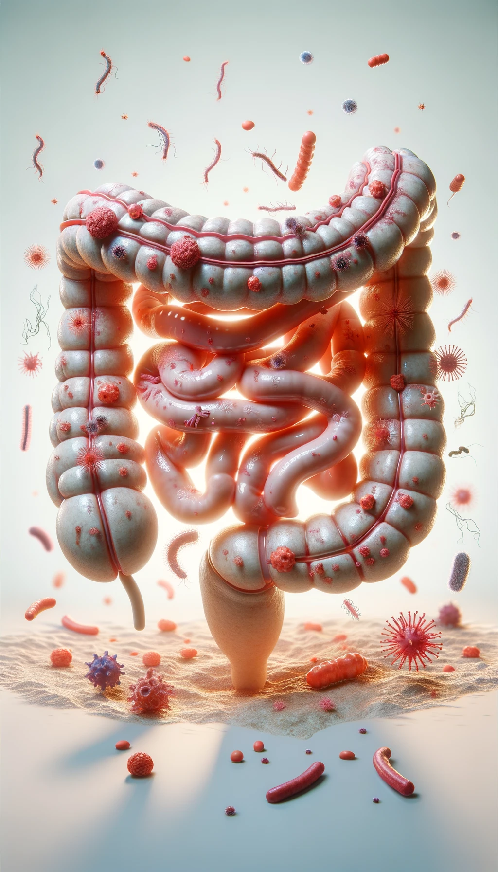intestino umano anatomico con batteri e parassiti che gli fluttuano dietro, sfondo chiaro emoji