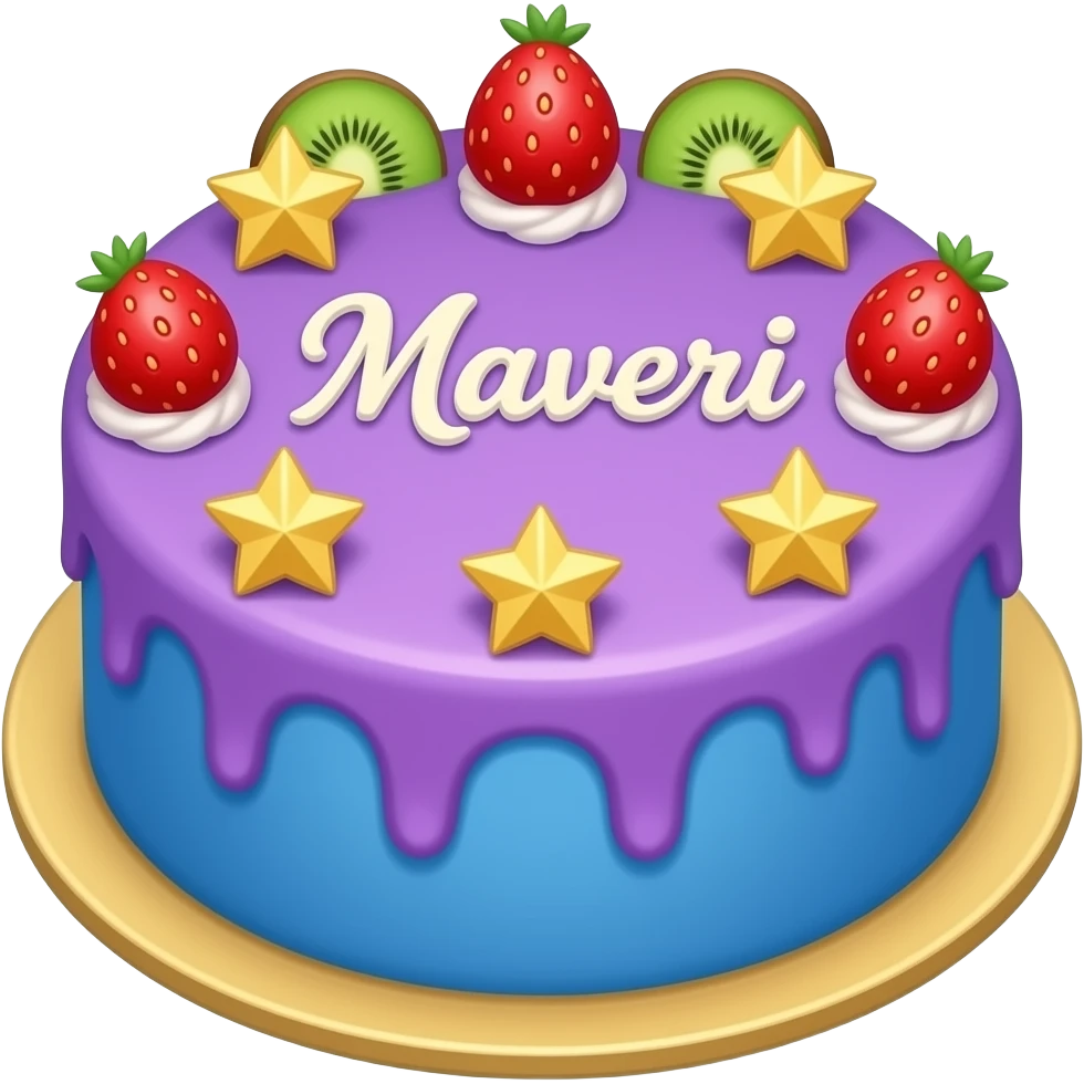 Make a cake with cute strawberry cursive writing saying Maveri and the whole cake is purple and blue with golden stars and kiwi and strawberry decorations emoji