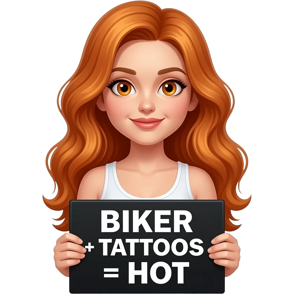 sexy girl with long wavy ginger hair and ginger eyes wearing a white tanktop is holding a black colored sign with BIKER + TATTOOS = HOT written on it emoji