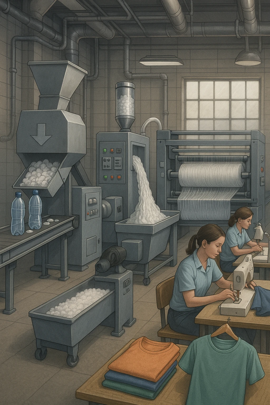 vertical realistic illustration in 2:3 aspect ratio of the PET bottle recycling process in a factory, showing visible steps from plastic to polyester fabric and finished clothes. Include industrial details, machinery, bottles, and garments. Professional atmosphere. emoji