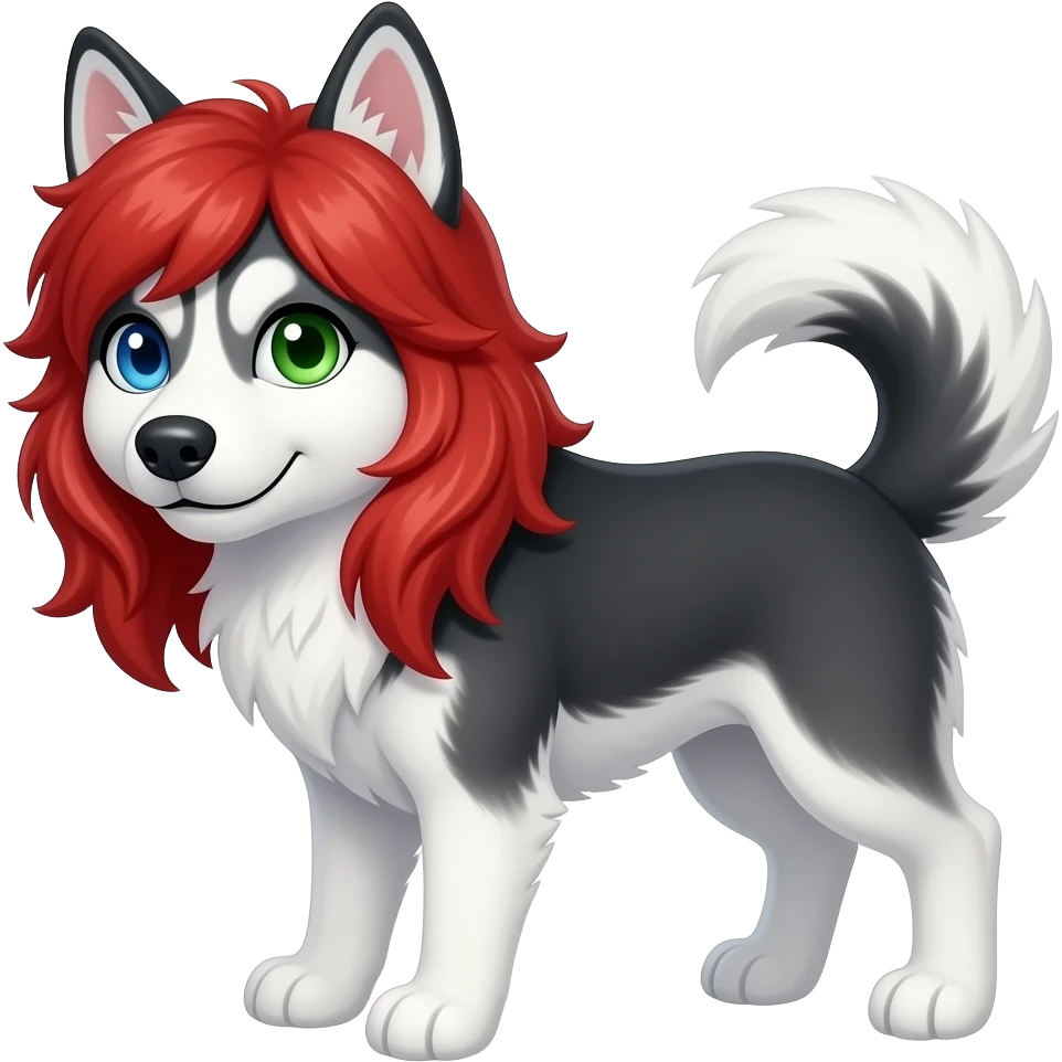 Red haired husky with a blue left eye and a green right eye emoji