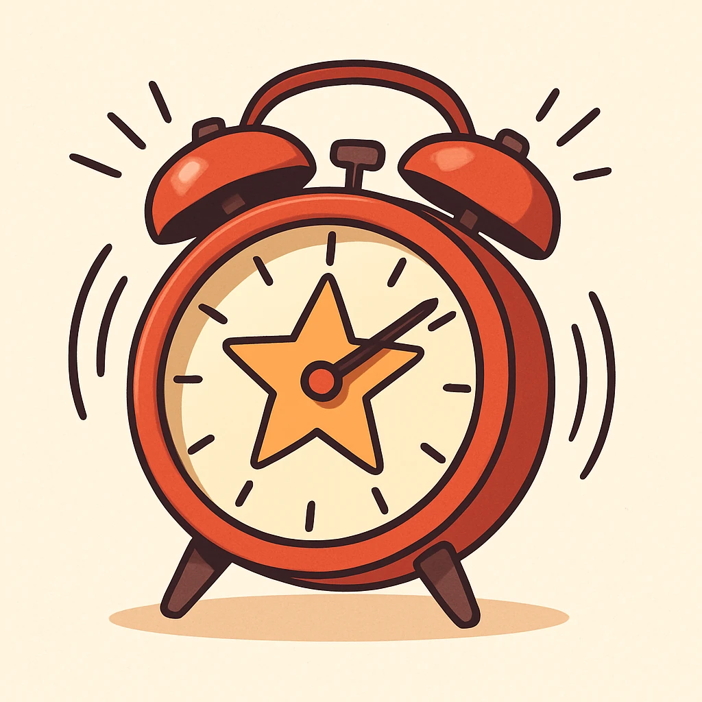 flat vector classic red alarm clock with twin bells, bold star in the center, minimal and modern, clean lines, soft shadows, ringing motion lines, light background emoji