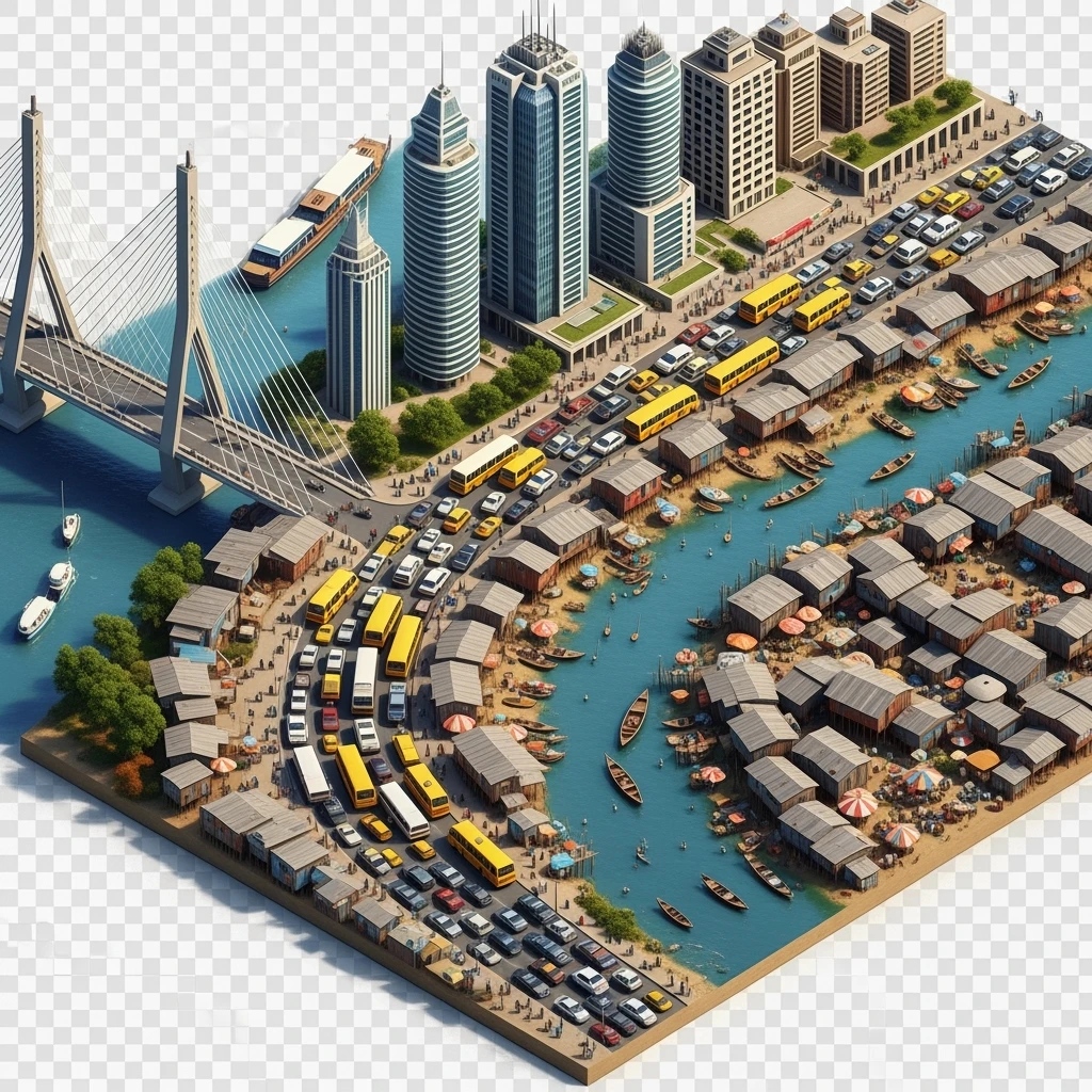 Isometric miniature of Lagos Lekki-Ikoyi Bridge, Eko Atlantic skyscrapers, Makoko slums, tin-roof shacks, chaotic markets, gridlocked traffic, 3D miniature effect and Tilt Shift effect, no cartoonish look, transparent background, don't cut angles emoji