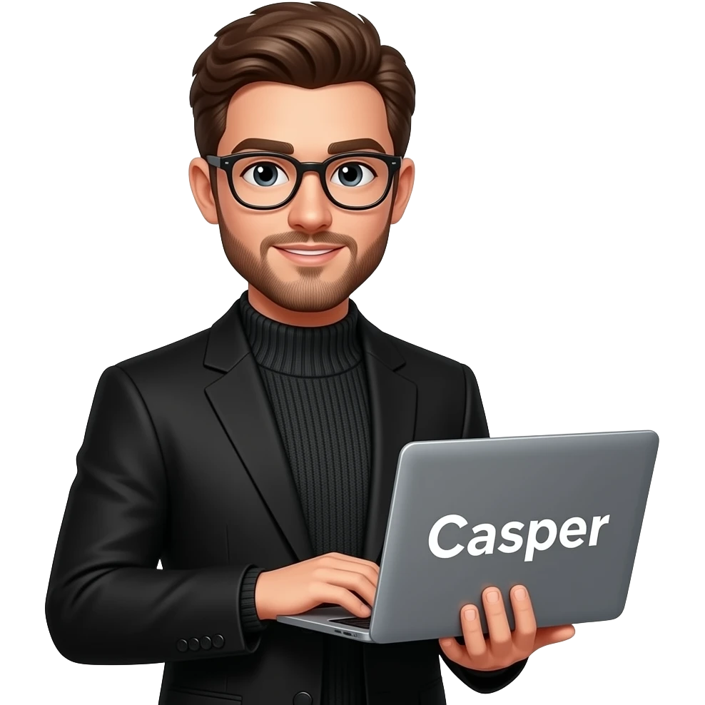 little grown beard freshly shaven, brown hair and eyes black suit jacket black fisherman neck pullover, laptop with casper text on pc , this memoji format stays. emoji