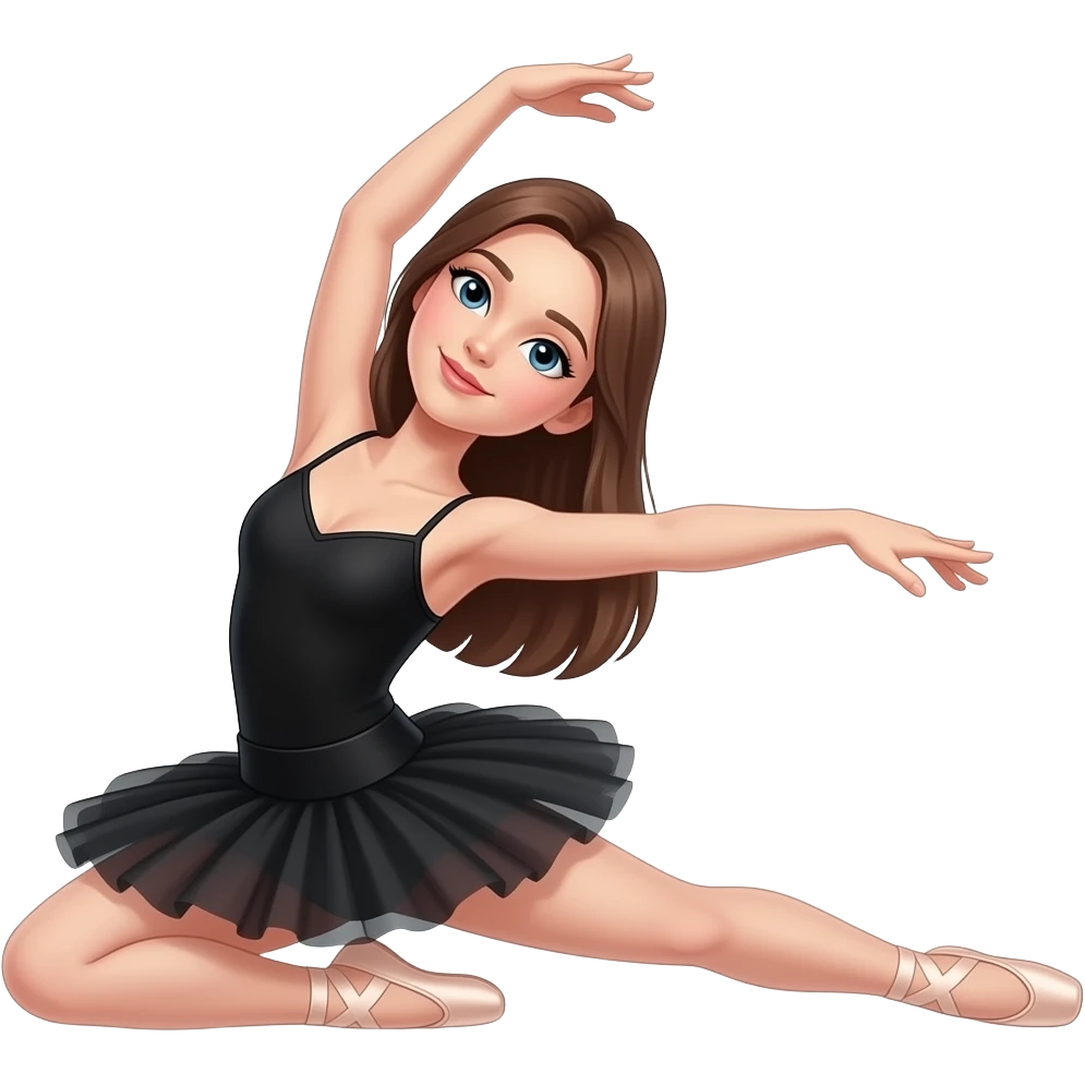 face not emoji looking more russian looking brown eyes hair more straight more skinny hair down, more skinny wearing all black (no baler skirt) beautiful russian ballet stretching emoji