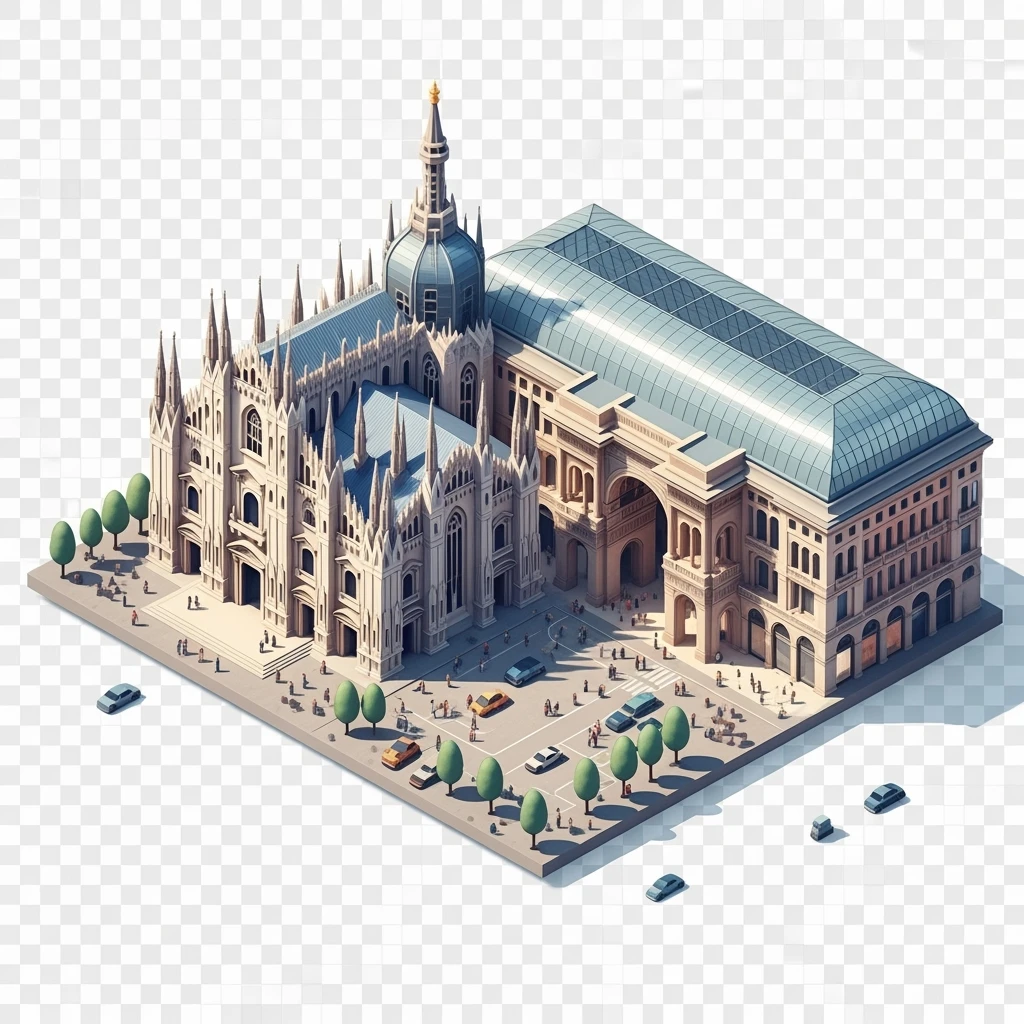 Isometric Milan with the Milan Cathedral (Duomo di Milano) and Galleria Vittorio Emanuele II arcade, toy-style elements, soft shadows, pastel diorama style, transparent background emoji