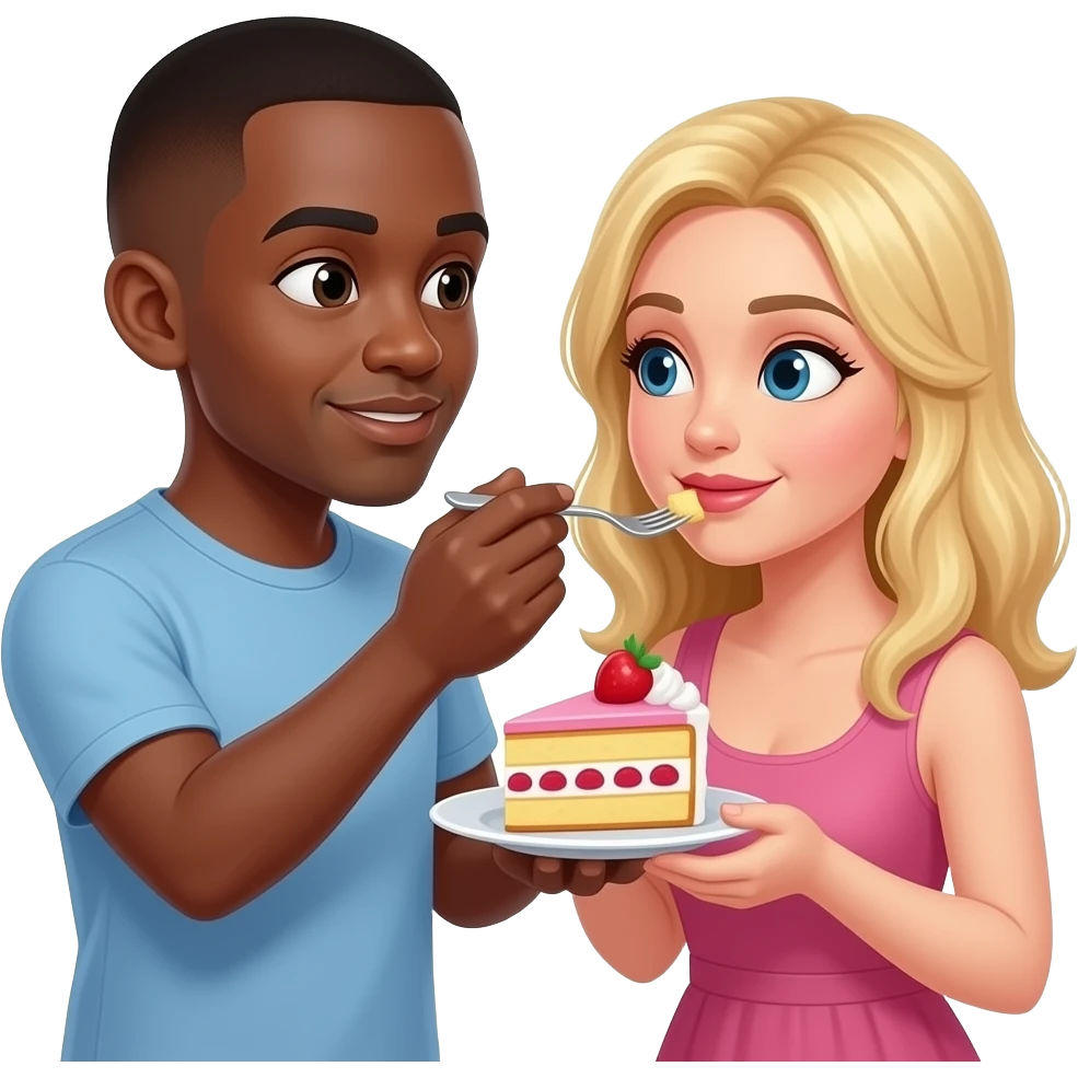 Black man with shaved head feeding blonde woman cake emoji