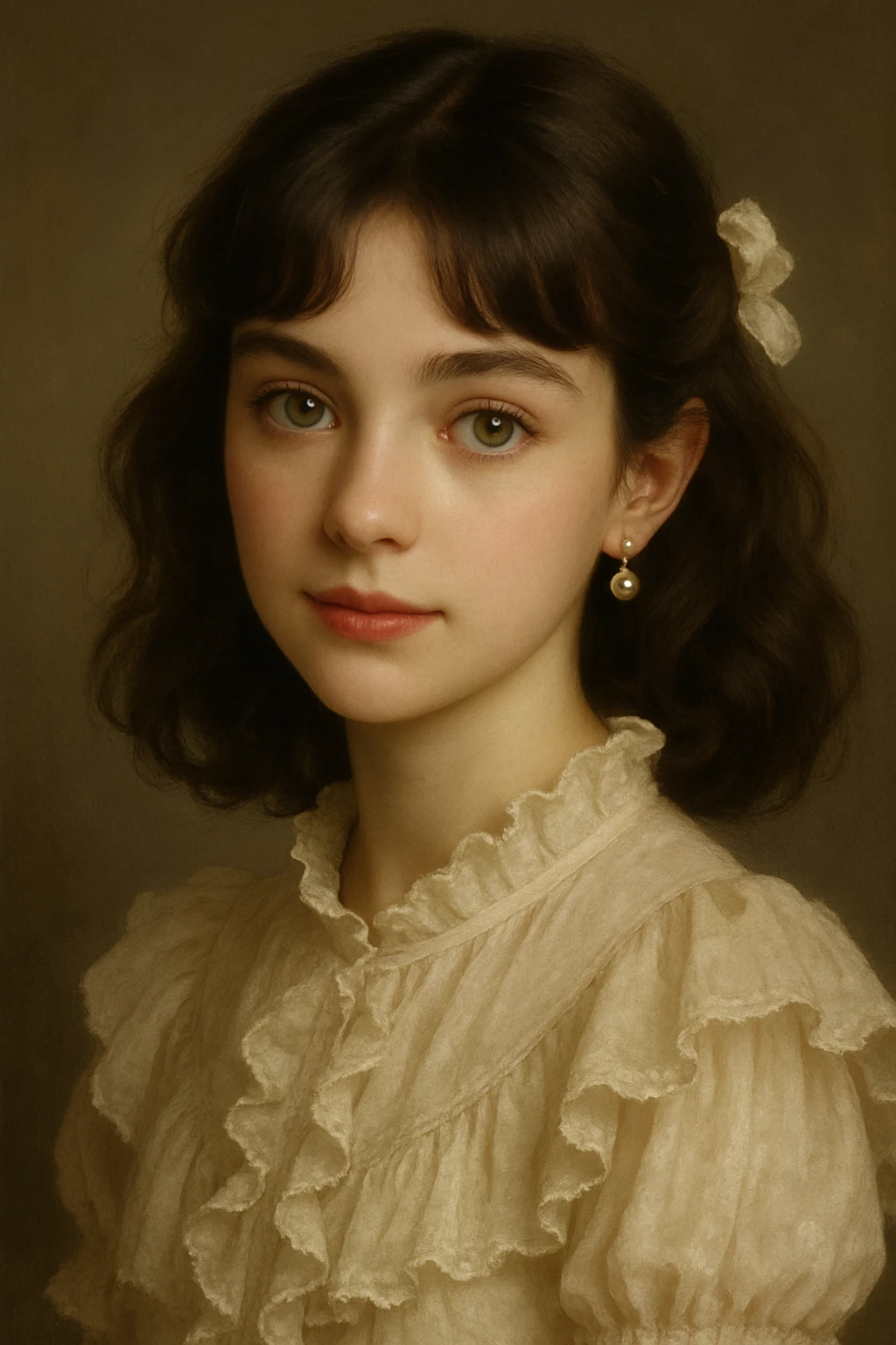 coquette girl with midi dark brown slightly wavy hair, bright skin, greenish hazel eyes, small cute lips, wearing a frilly blouse and pearl earrings emoji