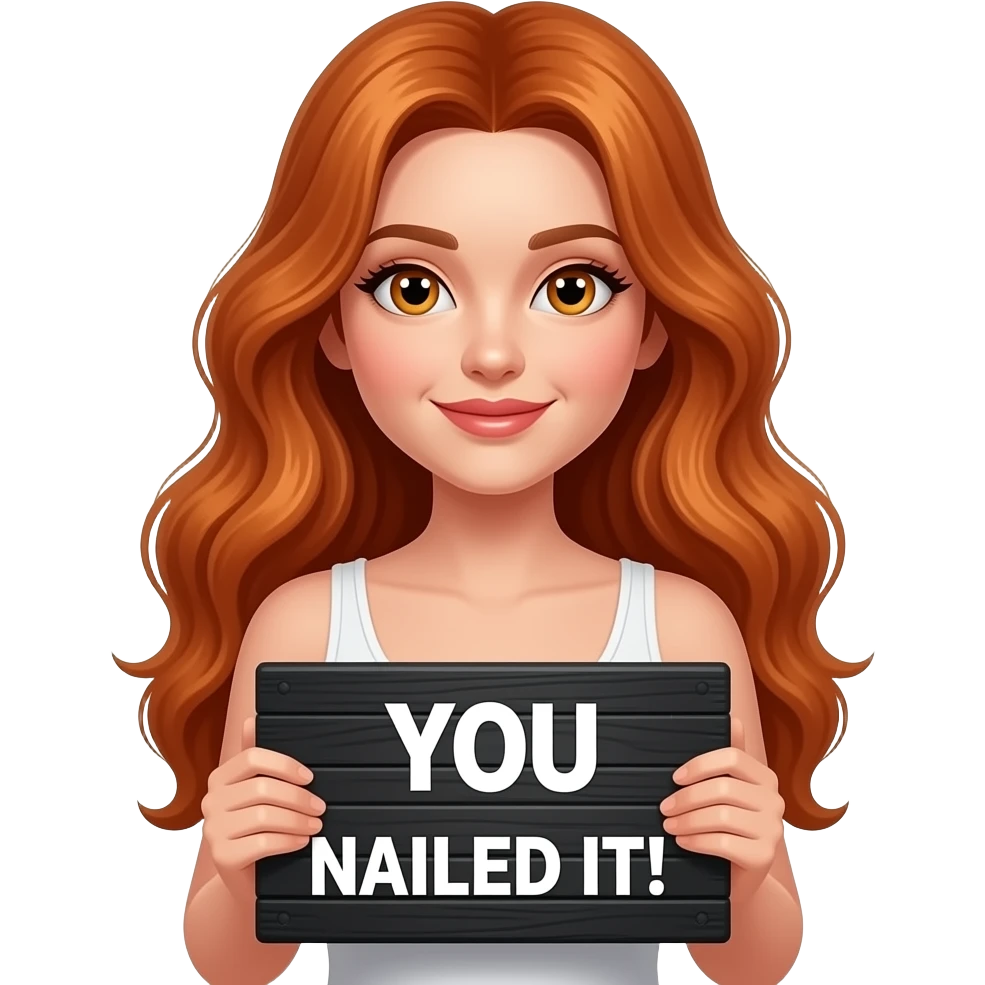 sexy girl with long wavy ginger hair and ginger eyes wearing a white tanktop is holding a black colored sign with YOU NAILED IT! written on it emoji