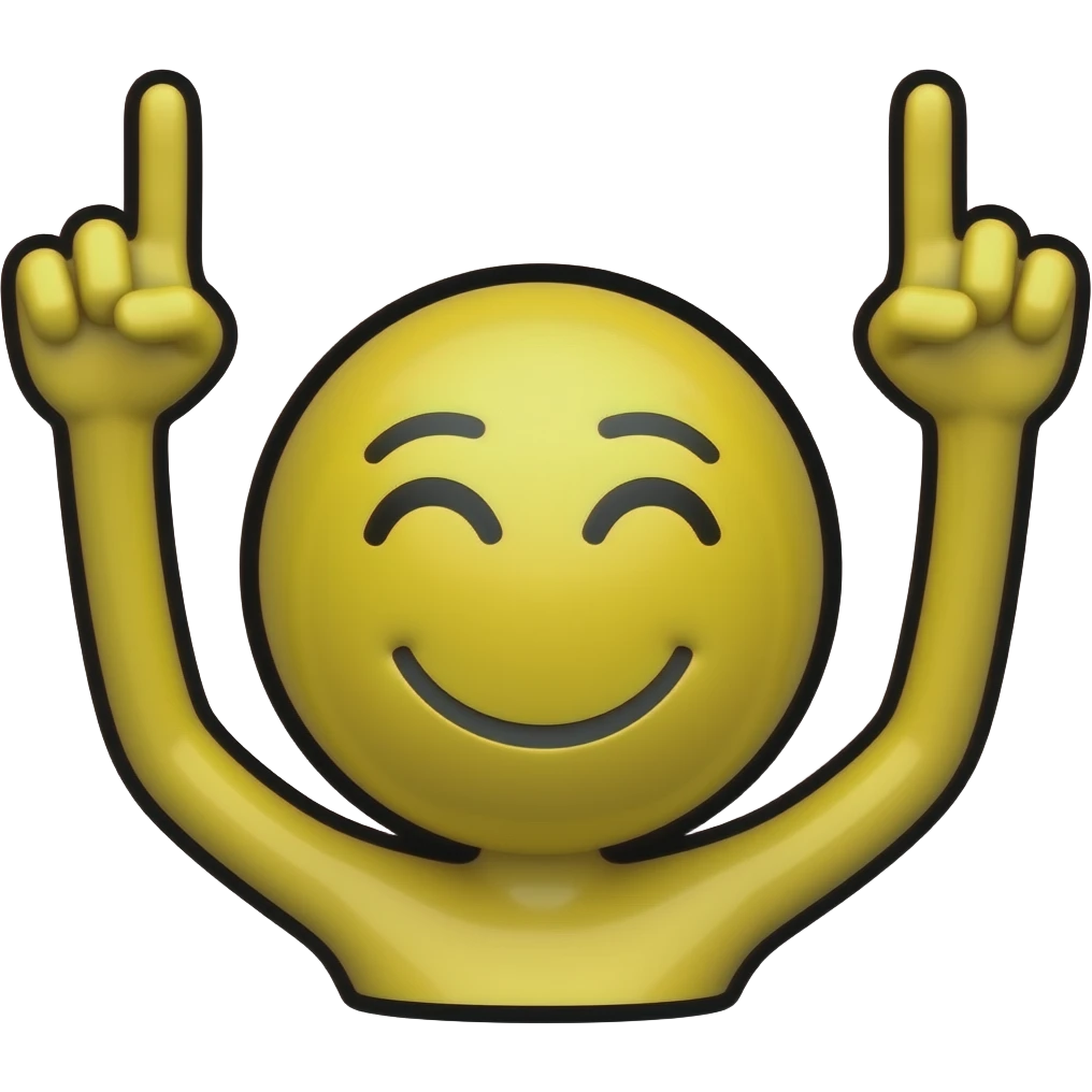 Emojis jaune soulager avec les deux bras levés vers le ciel, les index pointés vers le haut, visage souriant les yeux fermés de joie,contours noirs épais, fond blanc, style autocollant, avec l’emoji de base que la tête et le bras  sans le corps avec l’emoji de base et sans le haut de corps que tete emoji
