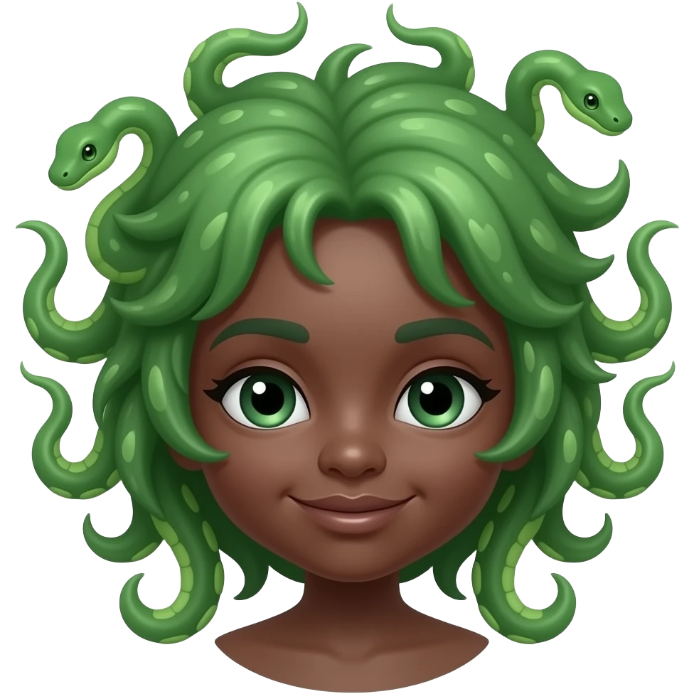 Cute medusa head with ebony skin and green snakes as hair emoji