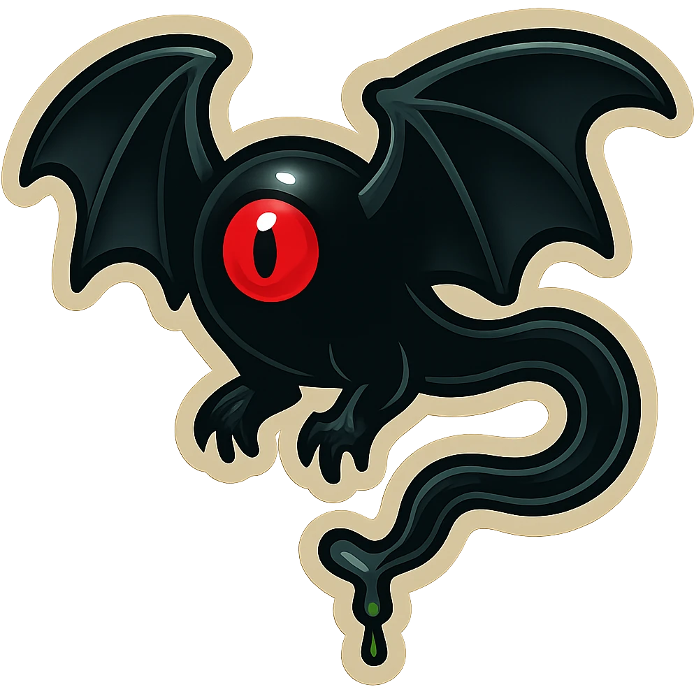an all black reptilian bat-like creature. One cyclopian red eye in its face. no visible mouth or ears. 2 hind legs with claws. has a long tale with a stinger that drips green poison. no ears. no horns emoji