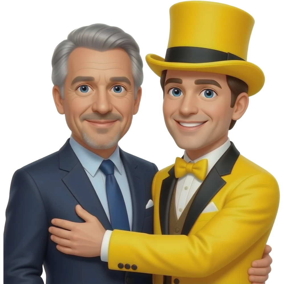 jeffrey epstien gray hair who also has a 5 oclock shadow hugging a stage magician in a yellow suit who is also wearing a yellow top hat emoji