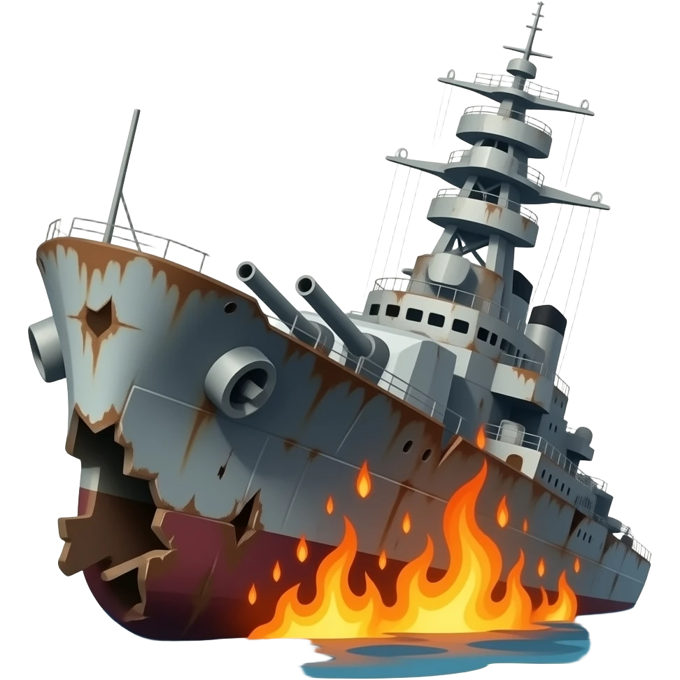rusty destroyed warship sinking on fire emoji
