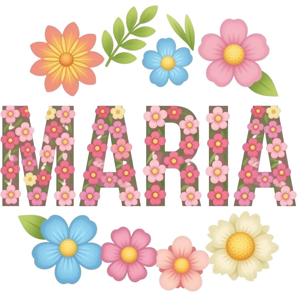 Fammi il nome Maria tutto stampatello e decoralo con dei fiori emoji
