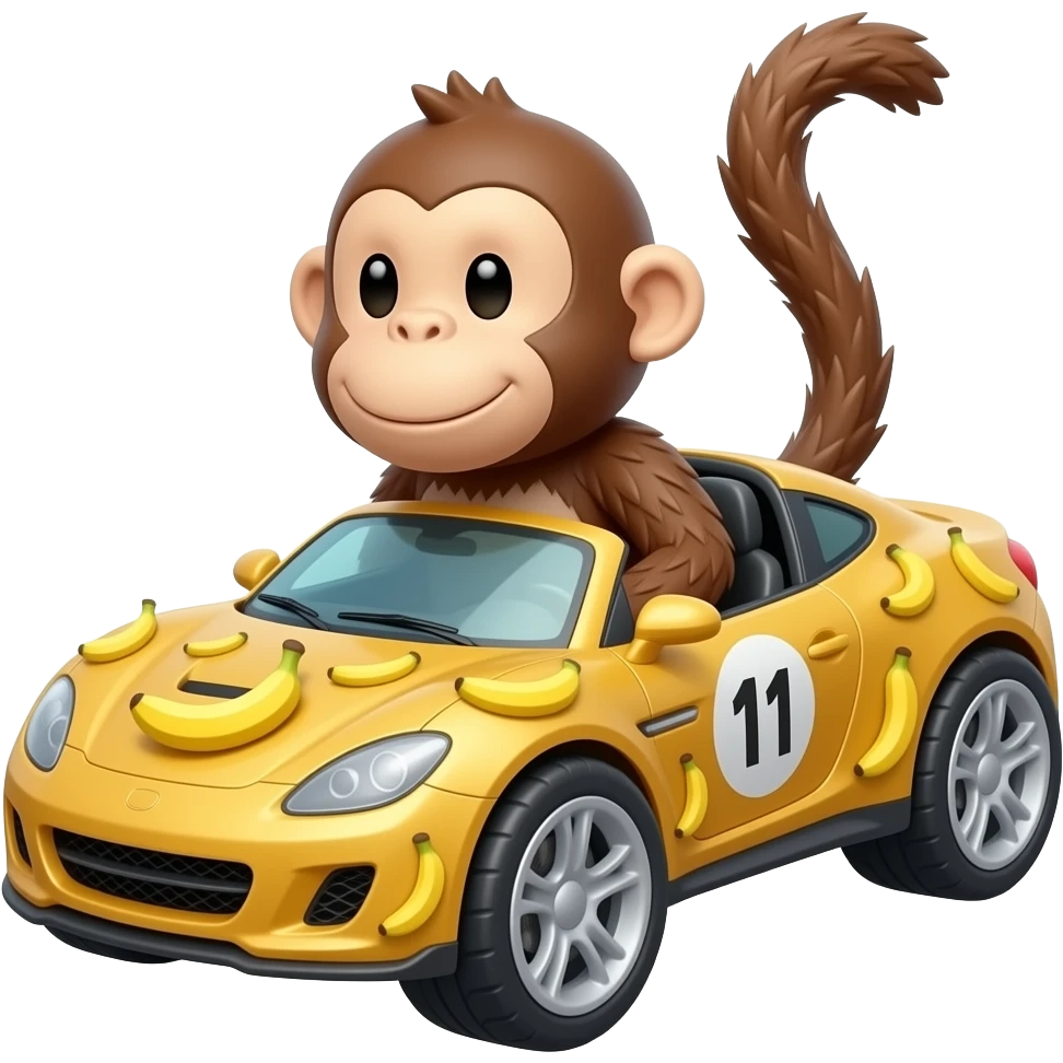 Мавп'яча машинка з тачок, вона спорткар, прикрашена хутром і бананами, ззаду звіст стирчить emoji