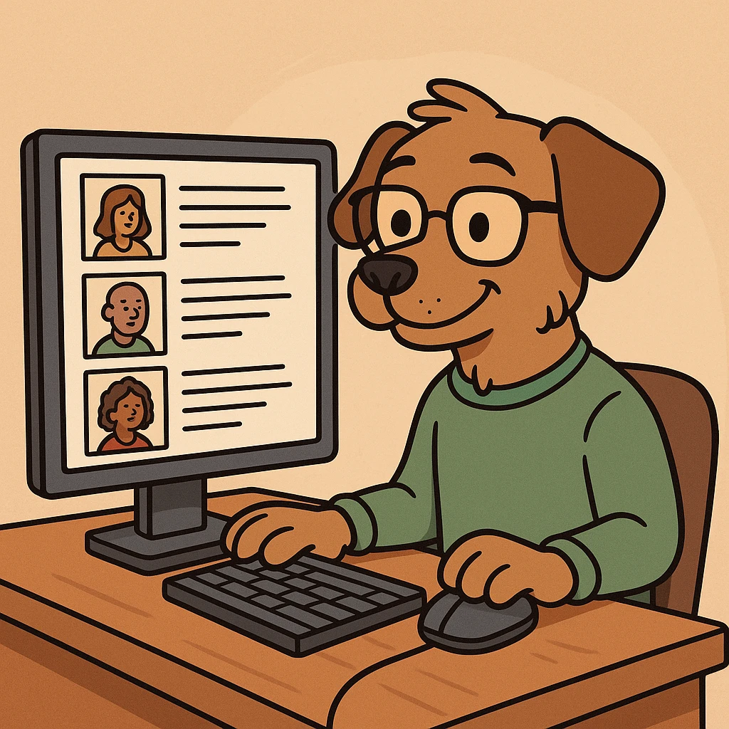 clever dog with glasses, sitting at a computer, reviewing candidate profiles, cartoon style, smart and approachable emoji