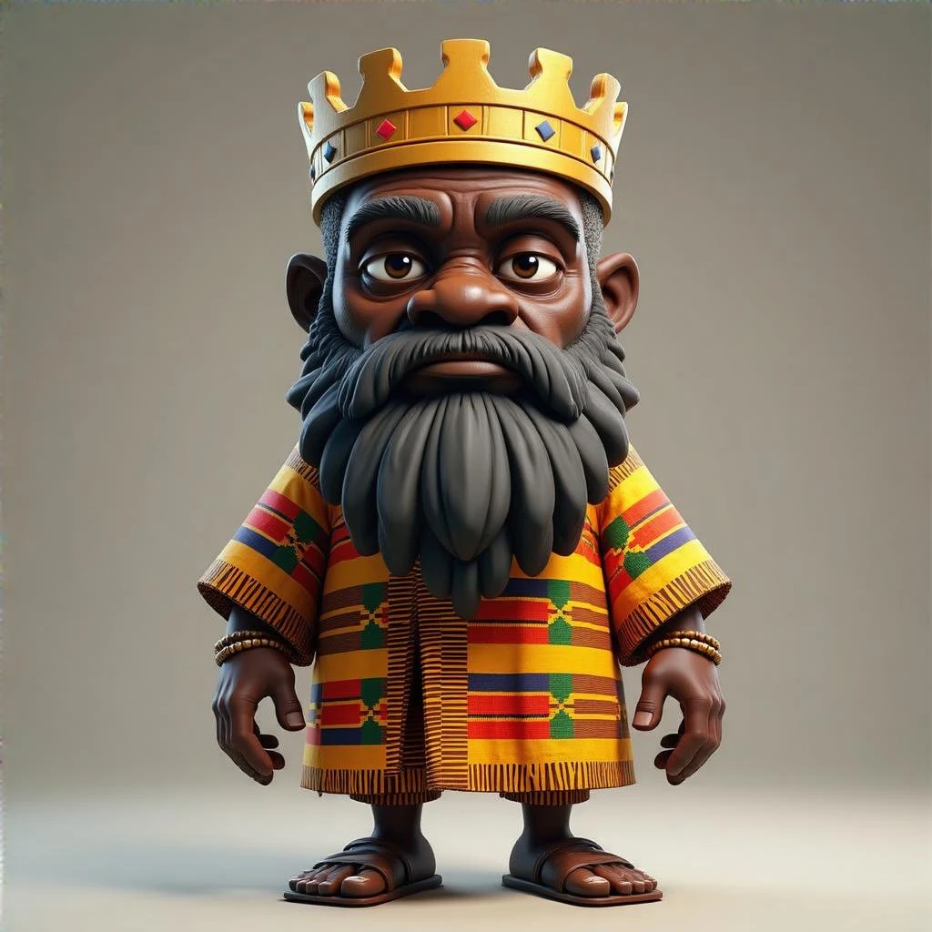 Create me a Stylized 3D Character Art of an old Wise African king with a large beard wearing kente cloth for a Strategy Game. Make it have a balance of realism and caricature with a well-defined lighting. emoji