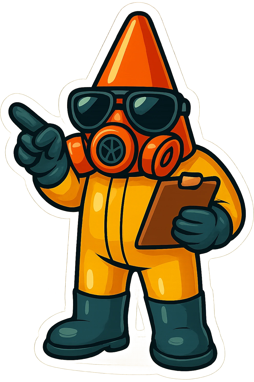 This character in retro sticker style, holding a clipboard and pointing, giving instructions, vibrant and clean with transparent background. emoji