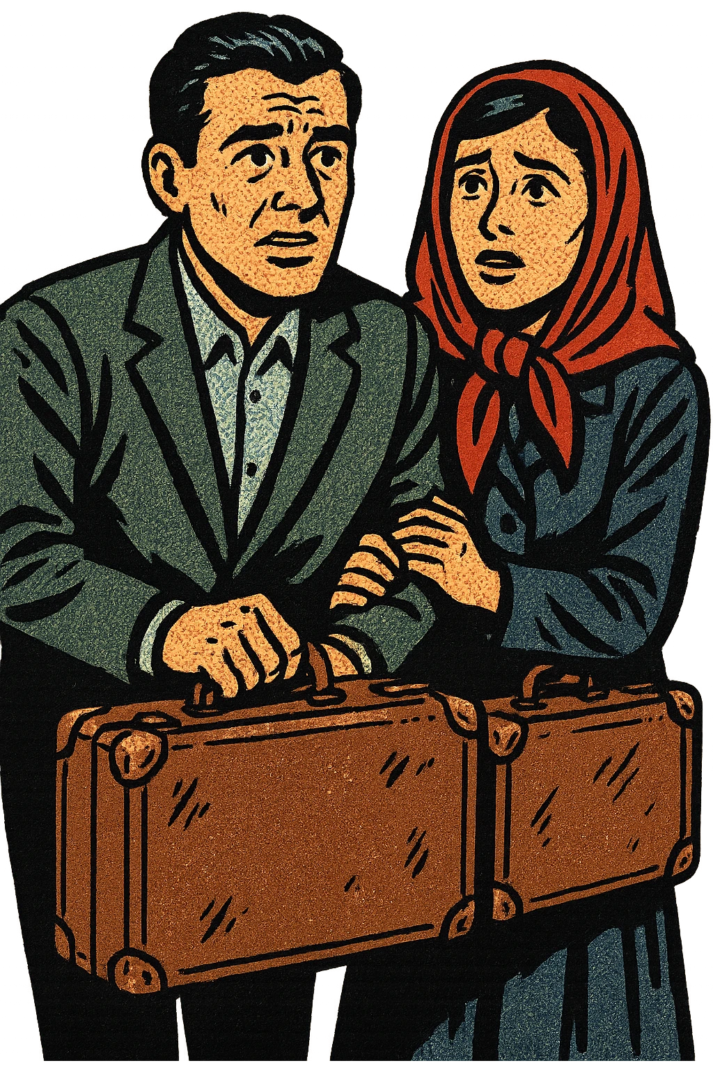 A refugee husband and wife from Eastern Europe in the 1950s both carrying a small old brown suitcase and looking hopeful and worried emoji