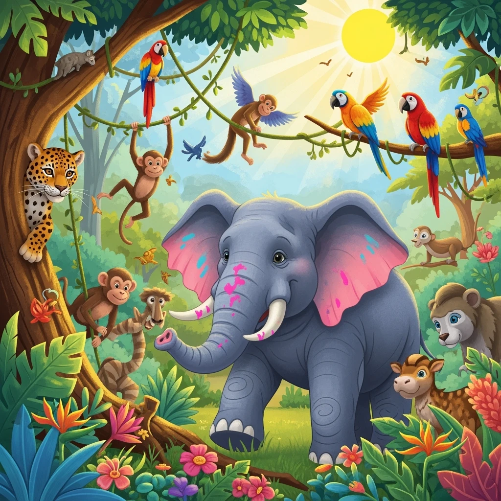 digital illustration of jungle safari in the style of children's story book emoji
