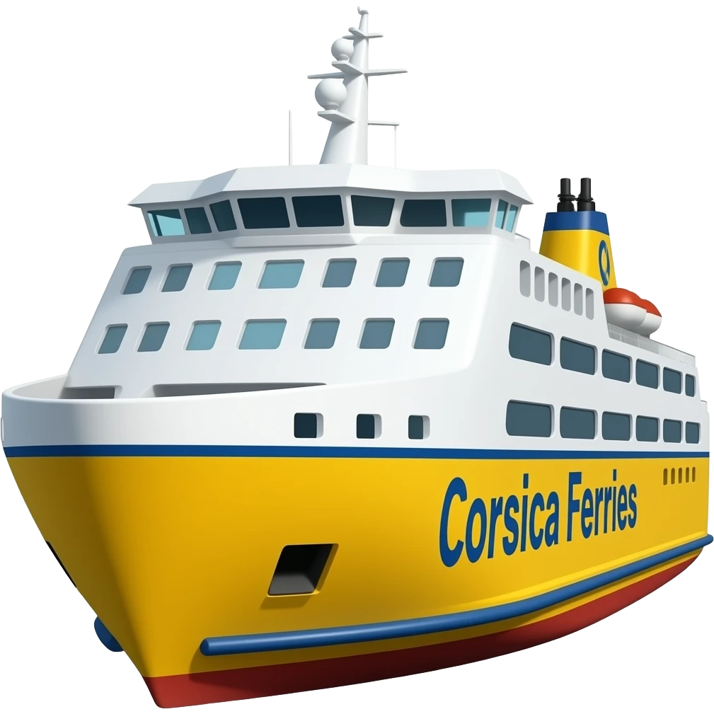 Ferry jaune et blanc avec des vitres a l'arrière et écrire Corsica ferries on le voit sur le côté emoji