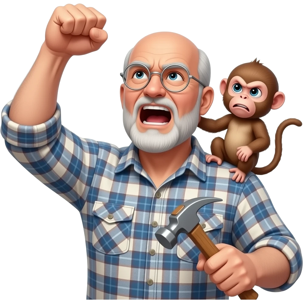 Angry old man with a plaid shirt with silver round glasses balding, NO facial hair yelling at the sky and shaking his fist at the sky holding a hammer in his LEFT hand and a angry baby monkey on his shoulder. emoji