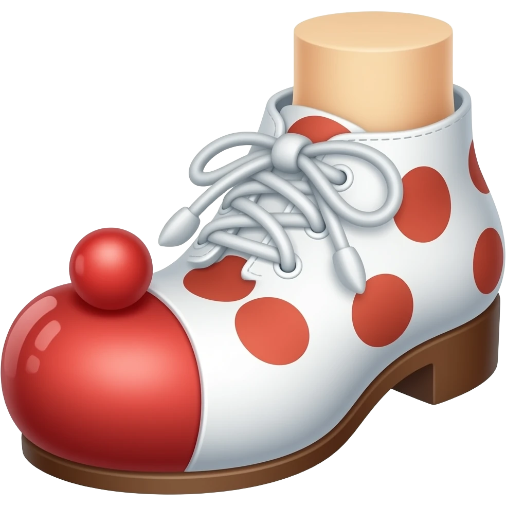 White toes with red toenails stick out of the tip of clown shoes emoji