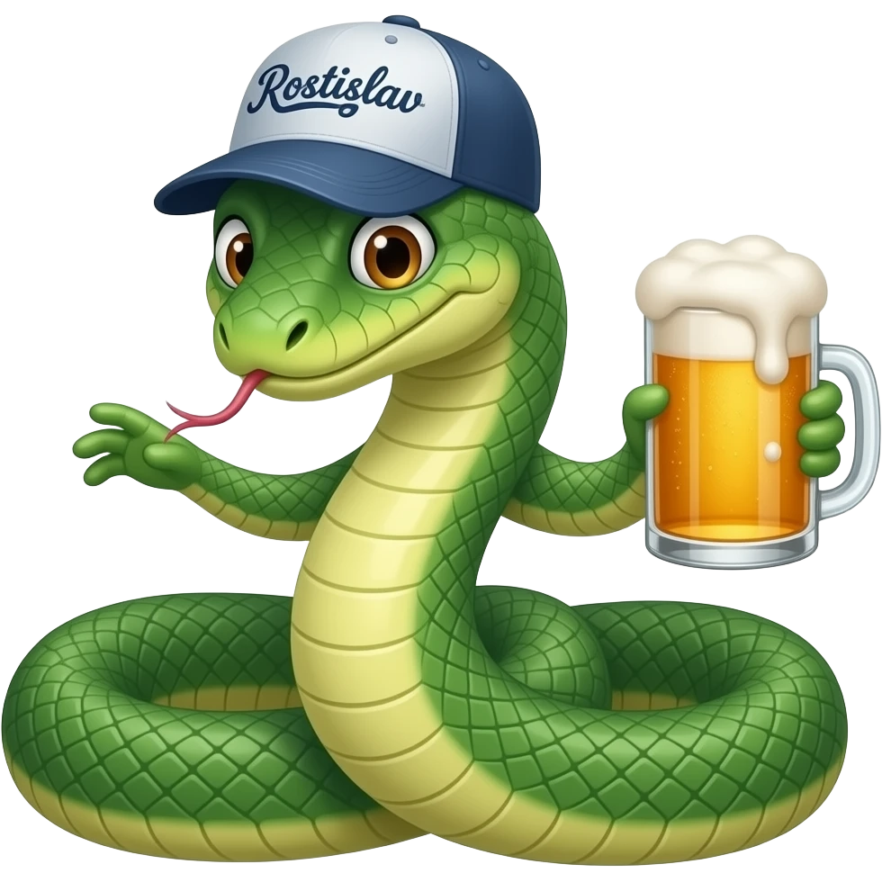 A snake in a cap with the inscription Rostislav is wrapped around a glass of beer. emoji