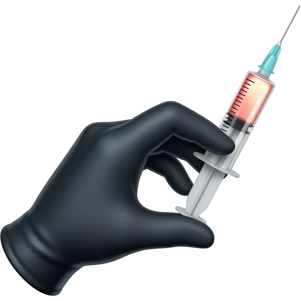 A gloved dainty male hand holding a syringe with glowing neon-red liquid inside. The glove is black but is dark-blue on the palm Side emoji