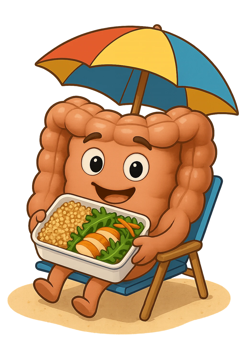 EMOJI STILE IPHONE DI INTESTINO IN SPIAGGIA SU UNA SPIAGGINA SOTTO L'OMBRELLONE CON IN MANO UNA SCHISCETTA DI Insalata di quinoa e pollo con rucola e carote, iperrealistica 4k emoji