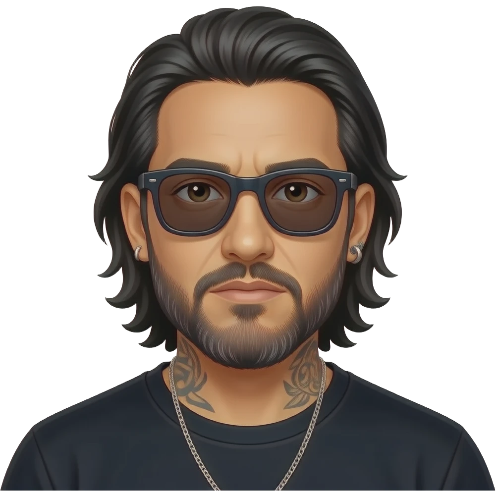 The handsome manly Latino podcast host with medium length hair, a long slightly graying beard and tattoos with his ears pierced 1 time each ear and a nose ring on the right side, dark brown eyes, wearing black, dark sunglasses, and jewelry, thinking deep emoji