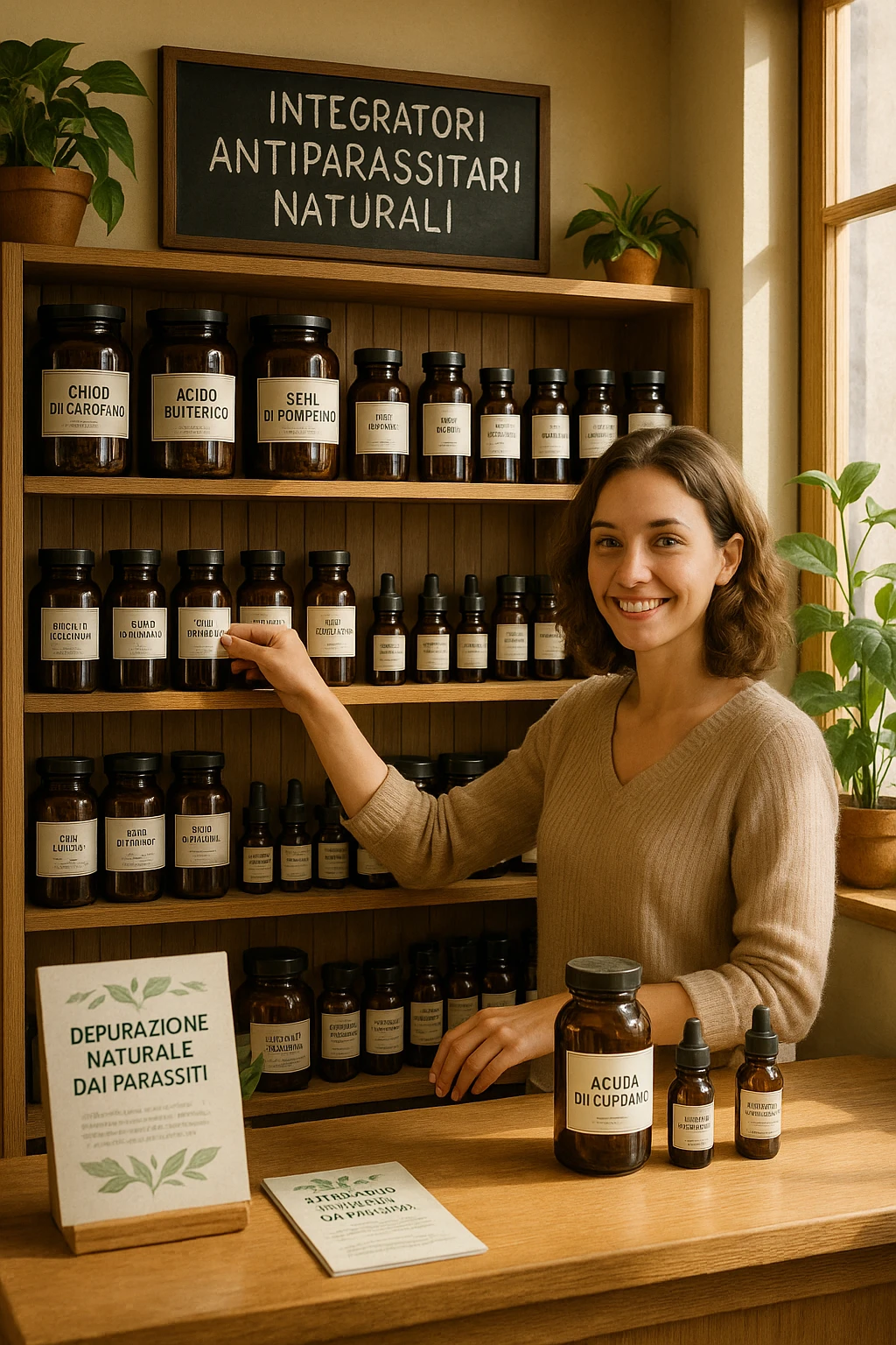 A realistic, well-lit herbal supplement store interior with wooden shelves neatly displaying glass jars and bottles labeled as ‘Chiodi di Garofano’, ‘Acido Butirrico’, and ‘Semi di Pompelmo’, organized in a clean and aesthetic manner. Small handwritten chalkboard signs indicate ‘Natural Antiparasitic Supplements’ above the section. The environment feels warm and trustworthy, with potted green plants adding freshness and a subtle sunlight entering through a window. A young shop assistant with a welcoming smile arranges the products, while informational leaflets about natural parasite cleansing are visible on a wooden counter, creating a holistic and health-conscious atmosphere in Italiano emoji