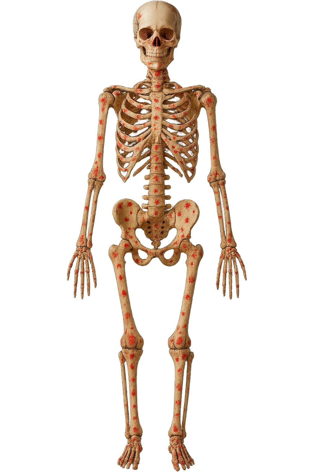 corpo umano anatomico di una donna affetta da fibromialgia, red spot sparsi sulle sue ossa, iperrealistica 4k emoji