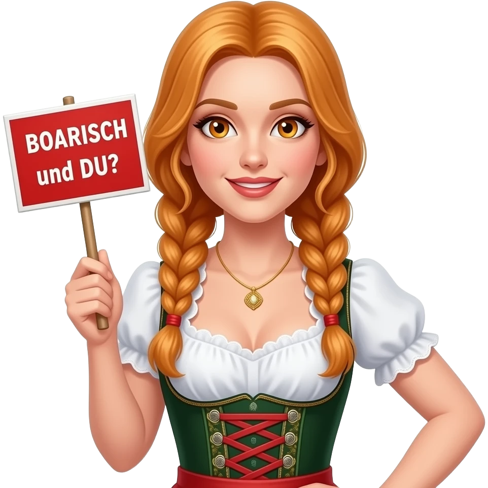 sexy girl with overlong ginger hair in braids and ginger eyes wearing a dirndl holding a I red BOARISCH und DU? sign emoji