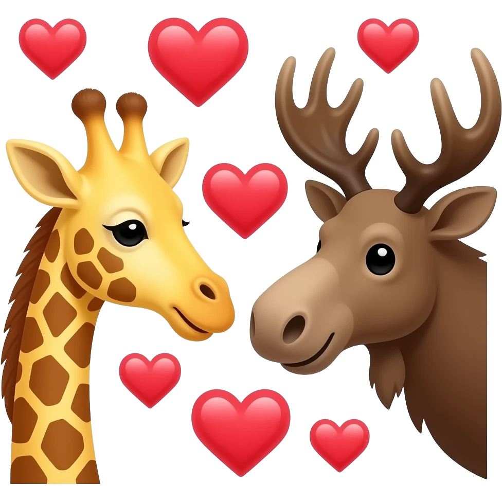 Einfacher Giraffenkopf und Elchkopf schauen sich an mit vielen Herzchen emoji