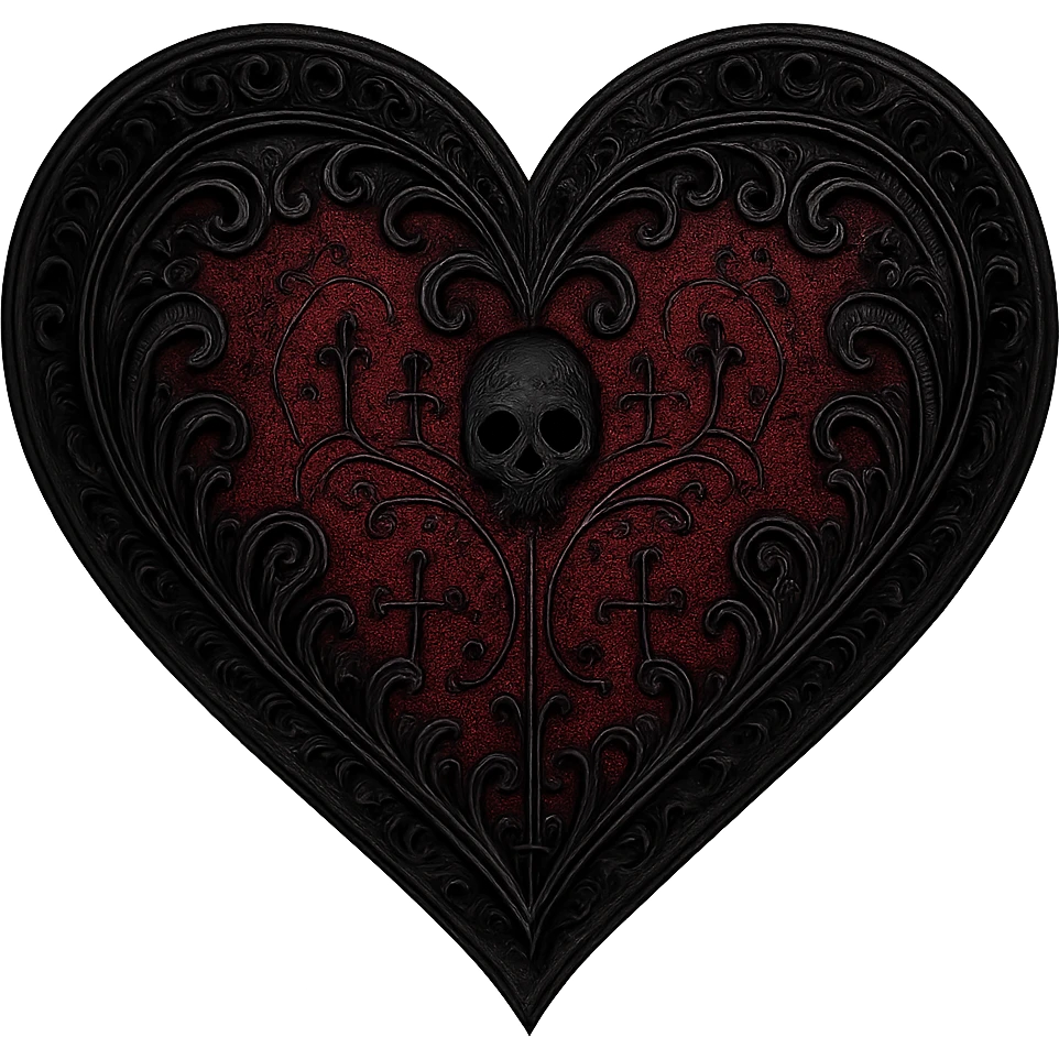 goth heart, black and deep red, ornate lace, subtle skull or cross motif, moody atmosphere, no background emoji
