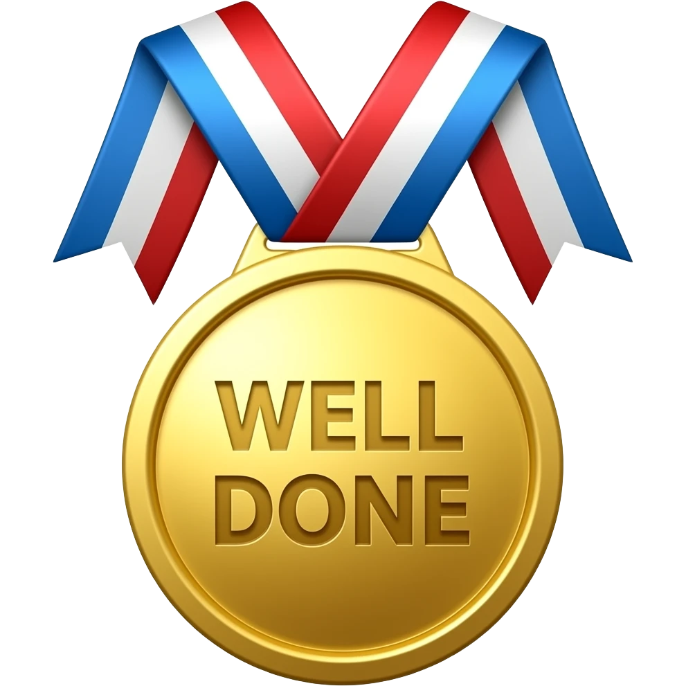 A ribbon gold medal with the words ‘WELL DONE’ imprinted on it emoji
